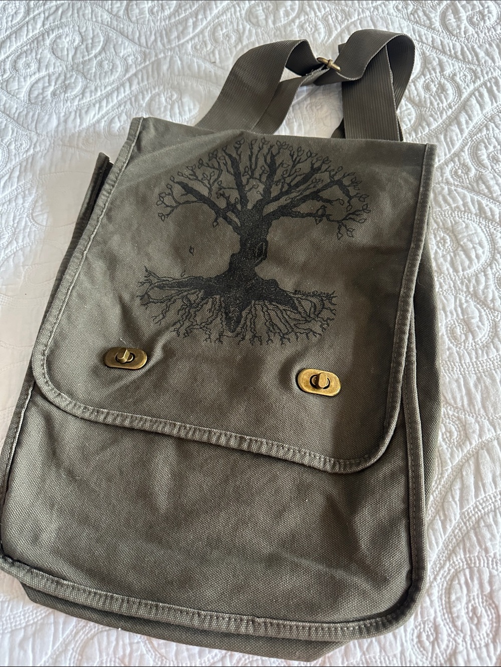 Olive Green Canvas Messenger Bag with Tree Motif
